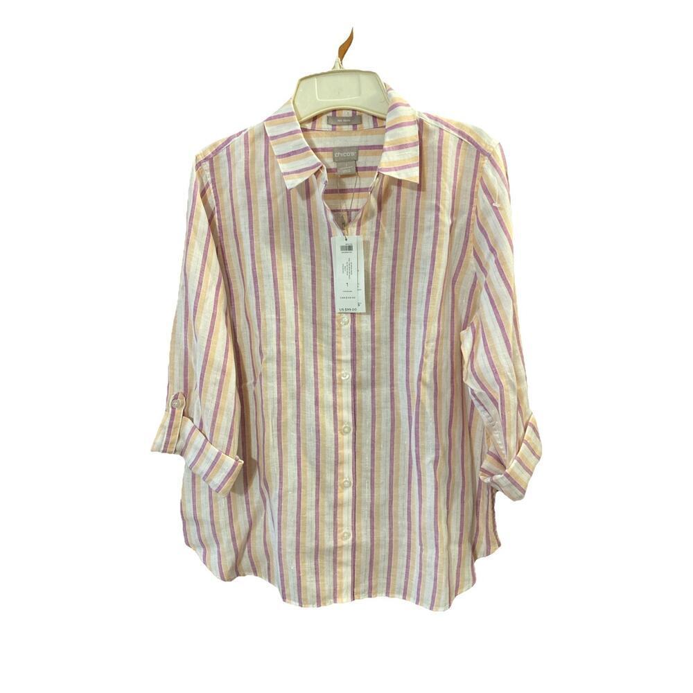 Chicos Women’s Linen Blouse Sz 1 10 New Roll Tab Metallic 3/4 Sleeve No Iron $99